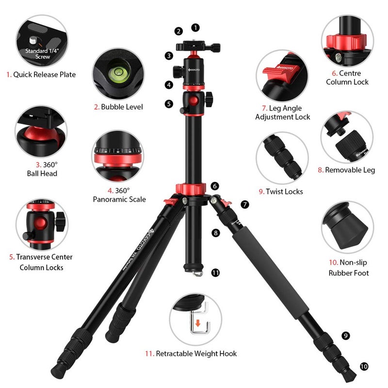 GEEKOTO Aluminum Camera Tripod with 360-Degree Ball Head and Rotatable Center Column, for DSLR and Video Camcorder, 75-Inch Professional Tripod for Travel and Work - Image 5